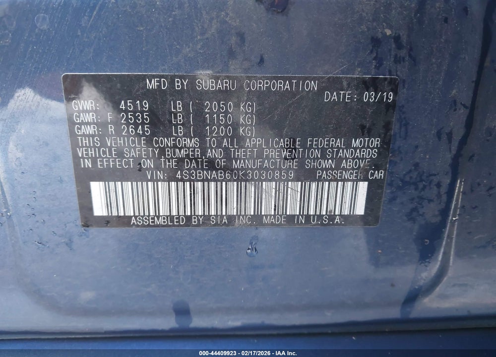 2019 SUBARU LEGACY 2.5I VIN: 4S3BNAB60K3030859