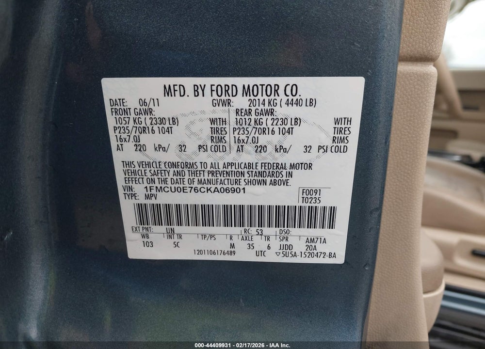 2012 FORD ESCAPE LIMITED VIN: 1FMCU0E76CKA06901
