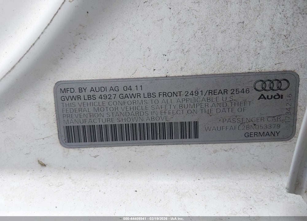 2011 AUDI A4 2.0T PREMIUM VIN: WAUFFAFL2BN053379