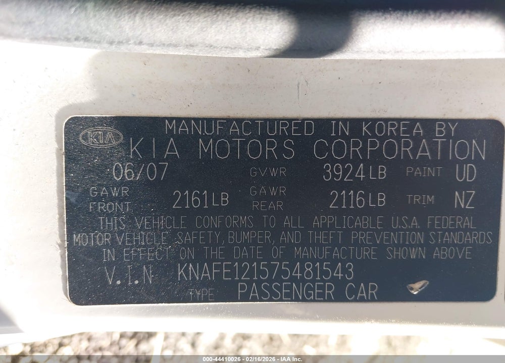 2007 KIA SPECTRA EX VIN: KNAFE121575481543