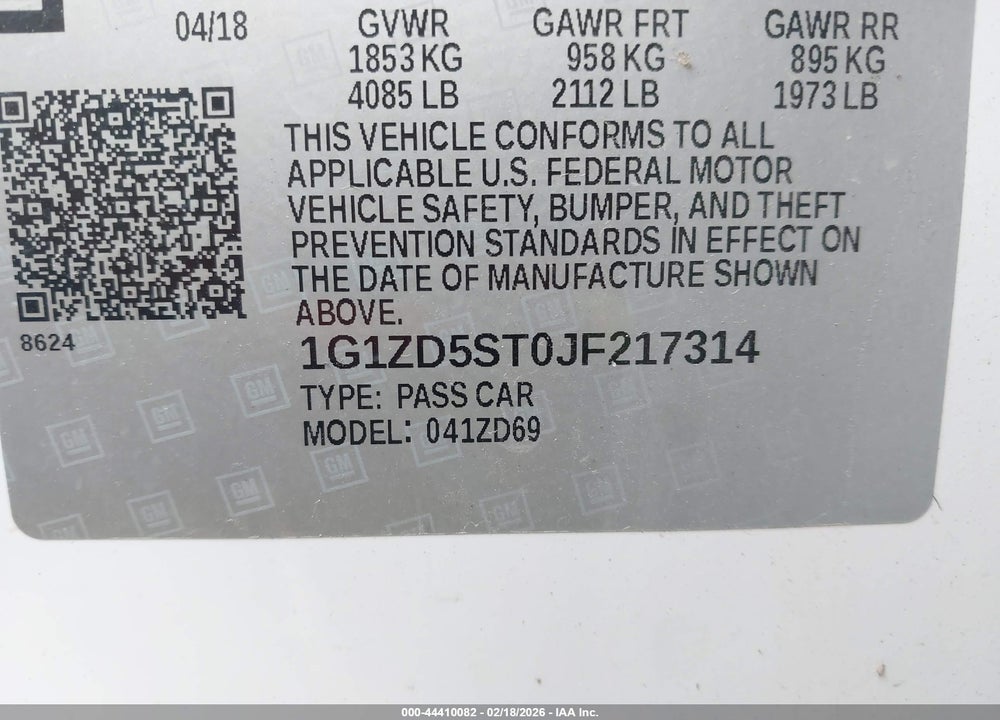 2018 CHEVROLET MALIBU LT VIN: 1G1ZD5ST0JF217314