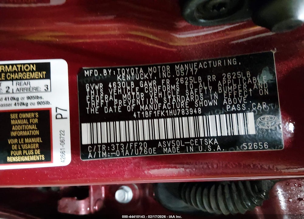2017 TOYOTA CAMRY SE VIN: 4T1BF1FK1HU783948