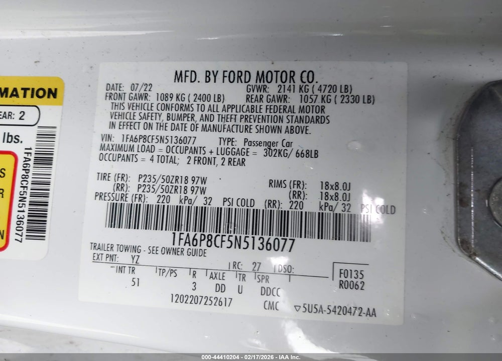 2022 FORD MUSTANG GT PREMIUM FASTBACK VIN: 1FA6P8CF5N5136077