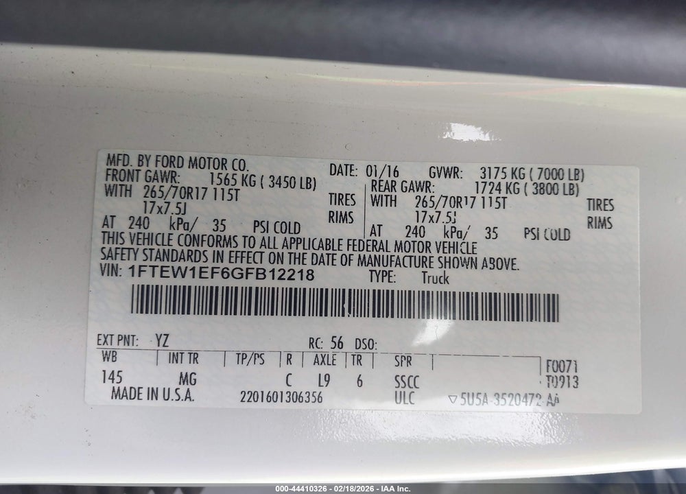 2016 FORD F-150 XLT VIN: 1FTEW1EF6GFB12218