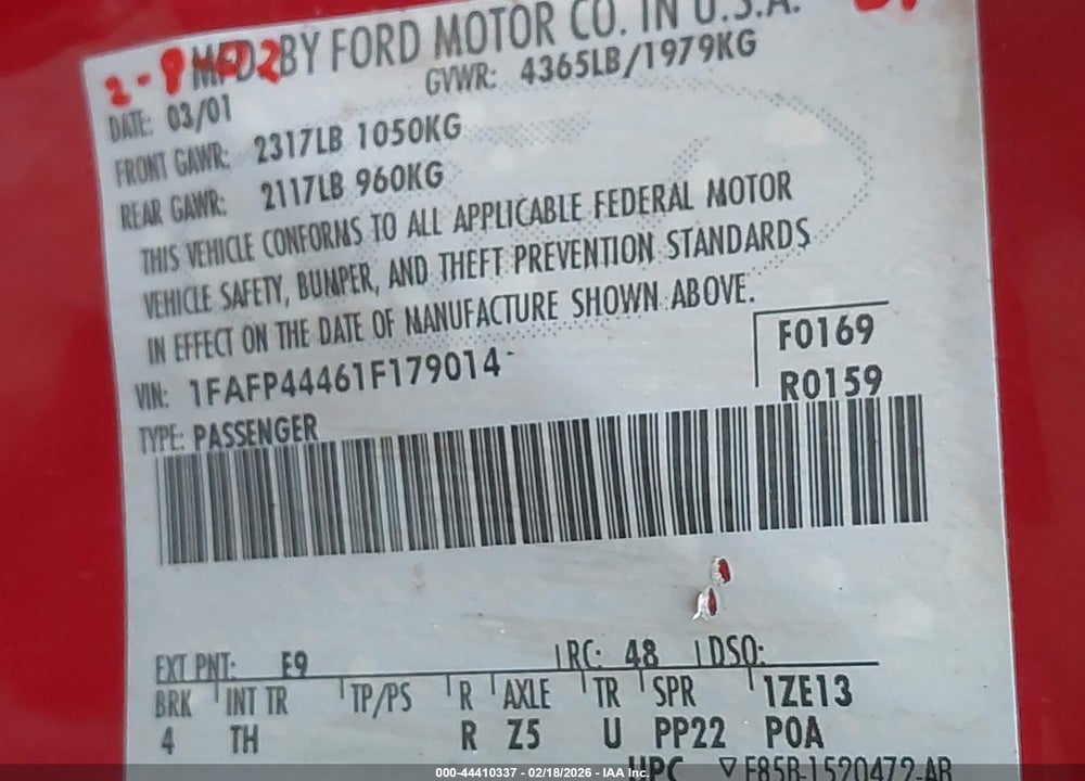2001 FORD MUSTANG VIN: 1FAFP44461F179014