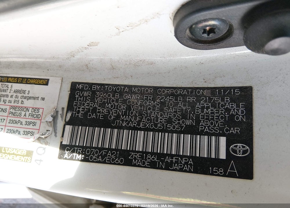 2016 SCION IM VIN: JTNKARJEXGJ515057