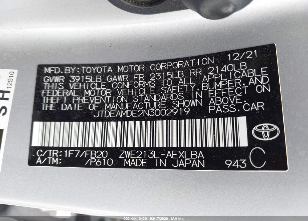 2022 TOYOTA COROLLA HYBRID LE VIN: JTDEAMDE2N3002919