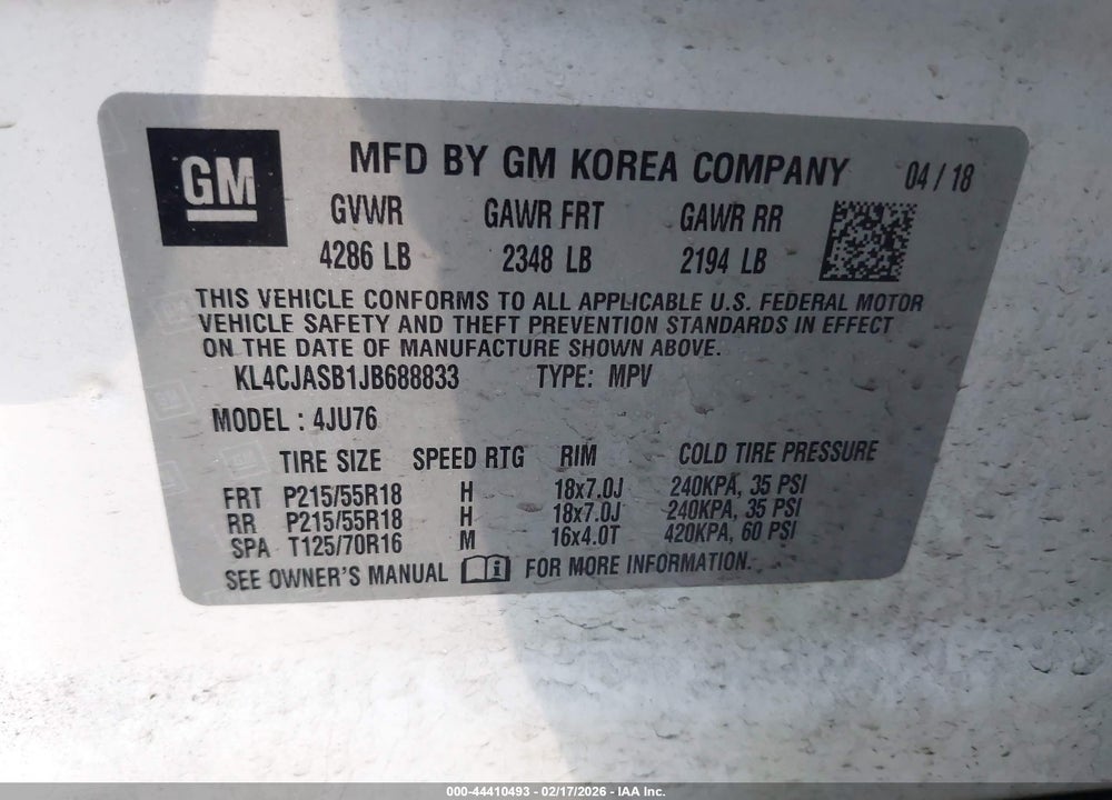 2018 BUICK ENCORE PREFERRED VIN: KL4CJASB1JB688833