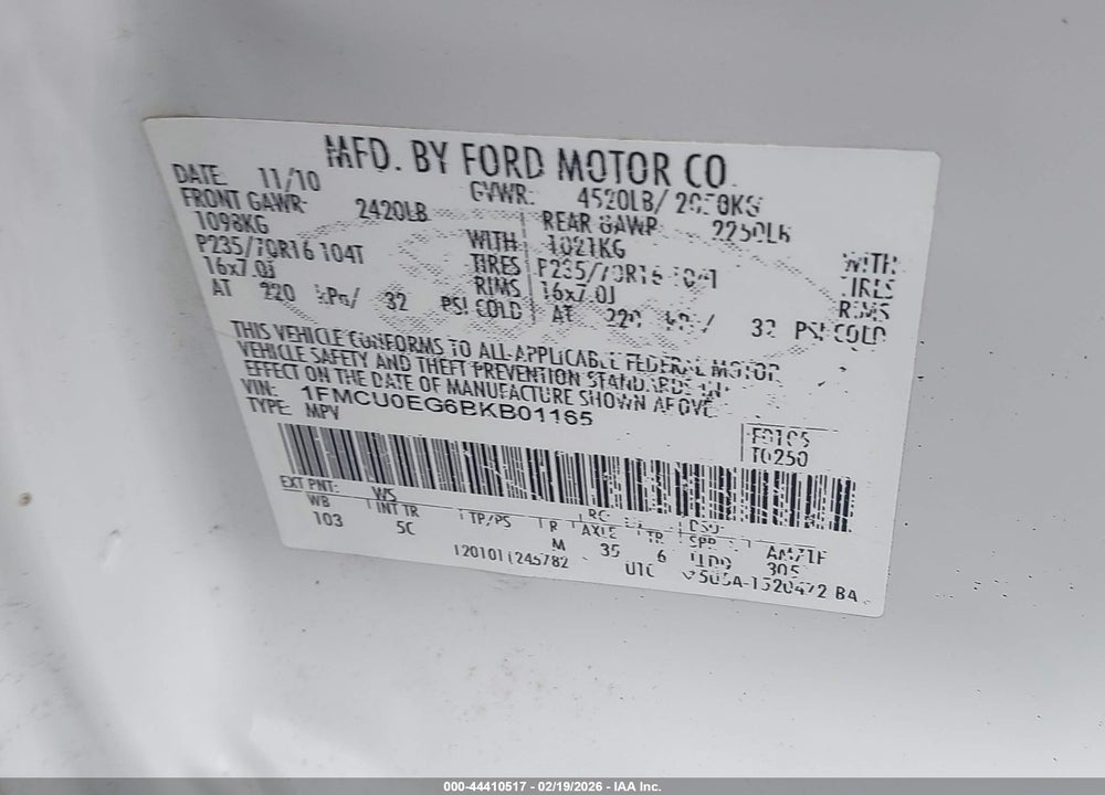 2011 FORD ESCAPE LIMITED VIN: 1FMCU0EG6BKB01165