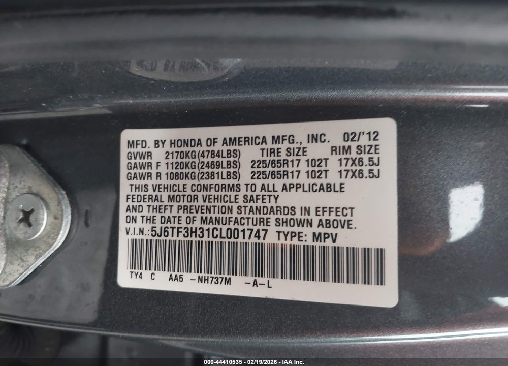 2012 HONDA CROSSTOUR 2.4 EX VIN: 5J6TF3H31CL001747
