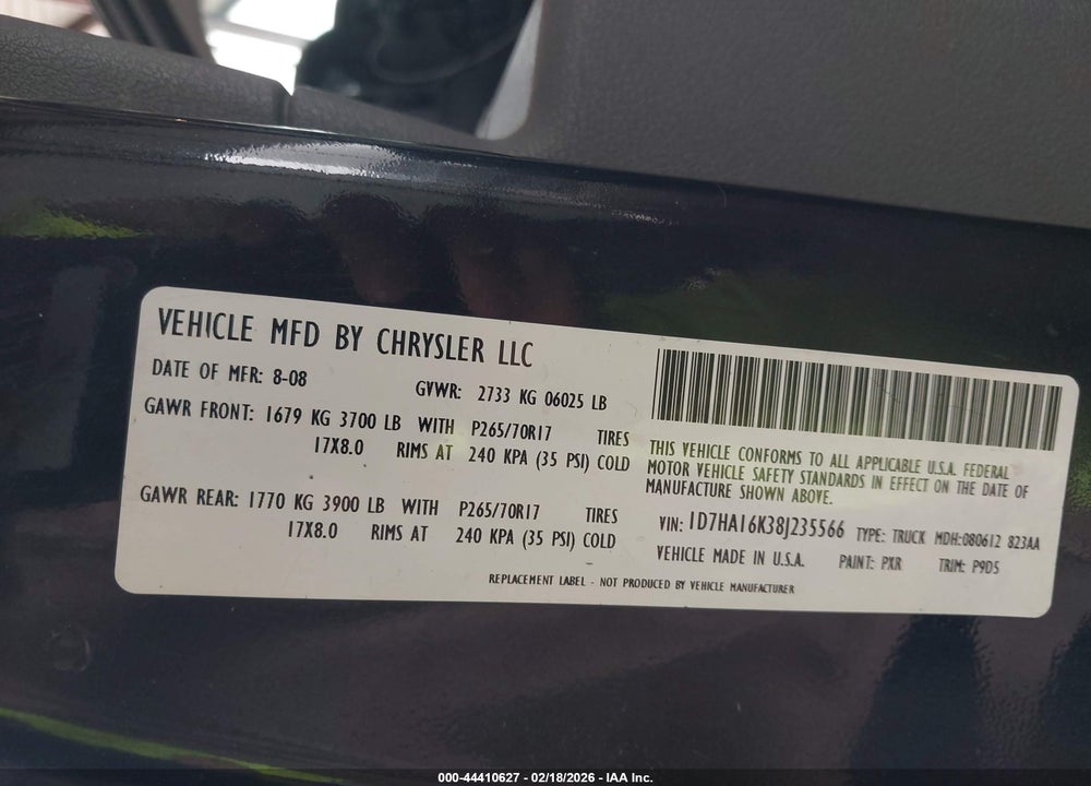 2008 DODGE RAM 1500 ST/SXT VIN: 1D7HA16K38J235566