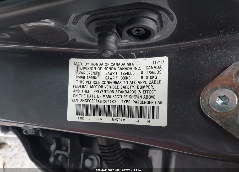 2018 HONDA CIVIC EX VIN: 2HGFC2F7XJH514180