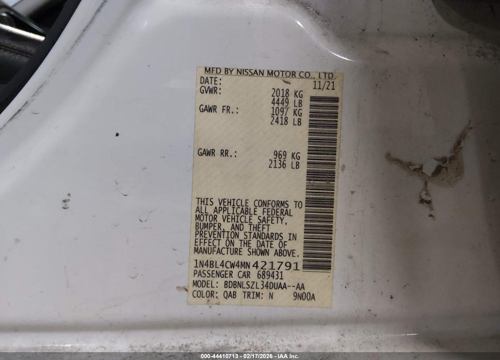 2021 NISSAN ALTIMA SR INTELLIGENT AWD VIN: 1N4BL4CW4MN421791