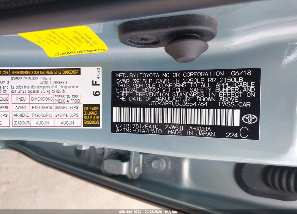 2018 TOYOTA PRIUS FOUR VIN: JTDKARFU5J3554784