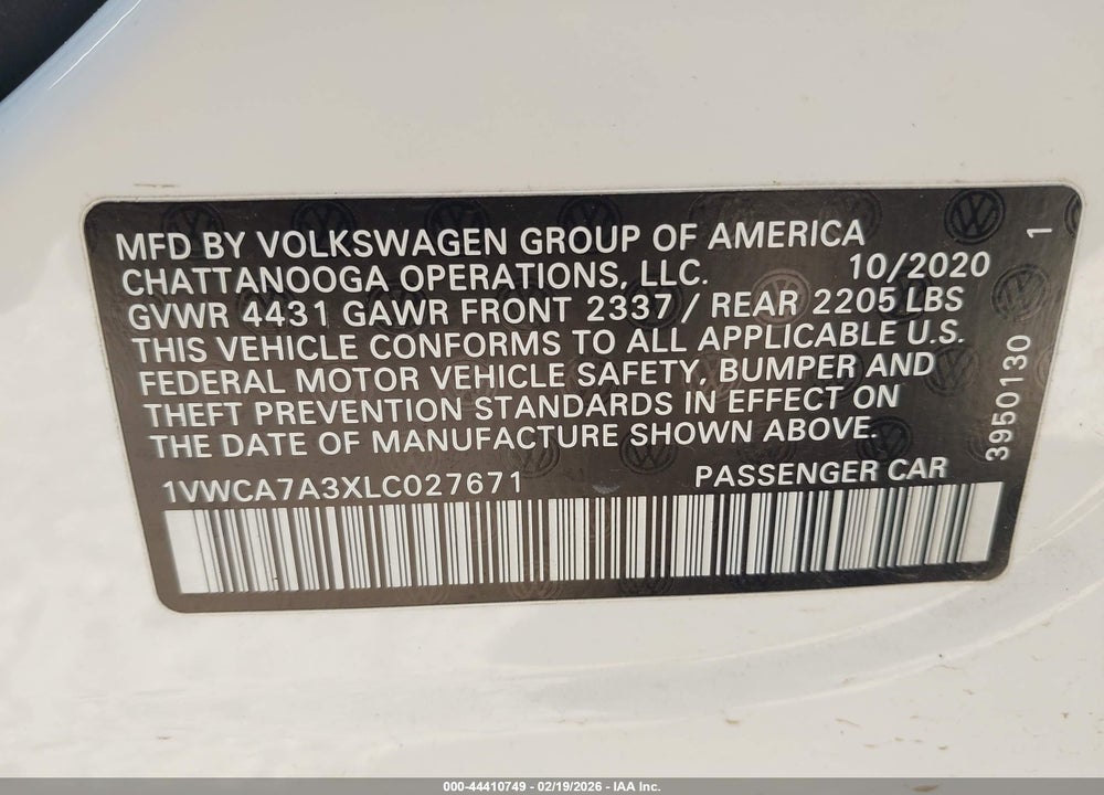 2020 VOLKSWAGEN PASSAT 2.0T SEL VIN: 1VWCA7A3XLC027671