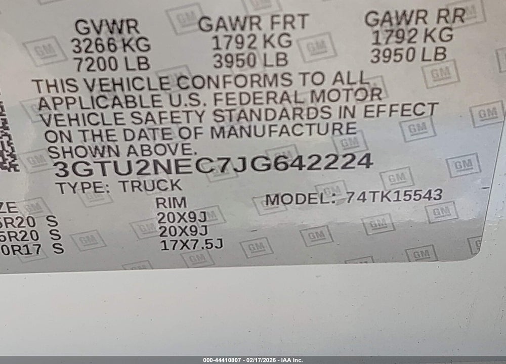 2018 GMC SIERRA 1500 SLT VIN: 3GTU2NEC7JG642224