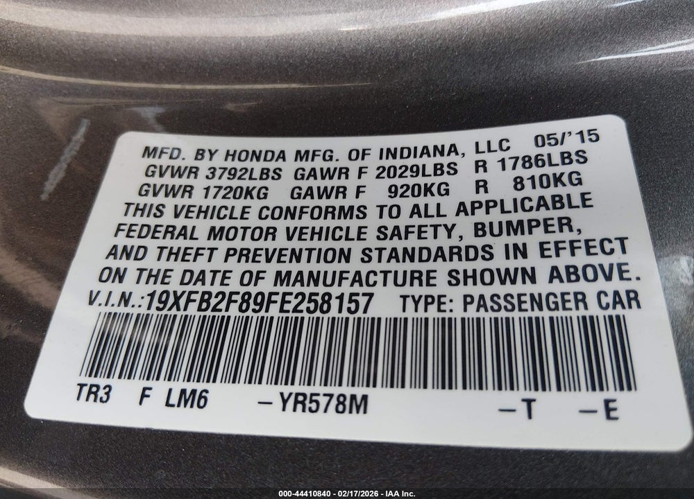 2015 HONDA CIVIC EX VIN: 19XFB2F89FE258157