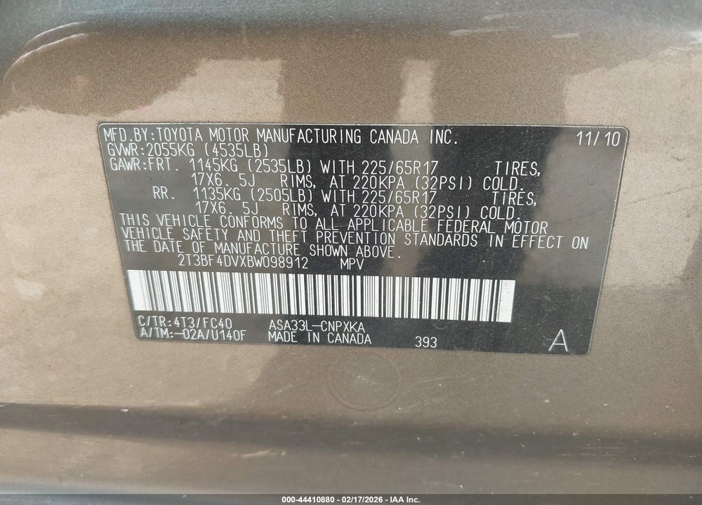 2011 TOYOTA RAV4 VIN: 2T3BF4DVXBW098912