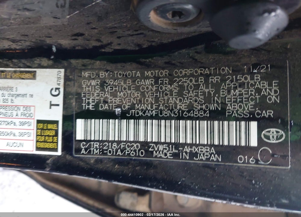 2022 TOYOTA PRIUS L VIN: JTDKAMFU8N3164884