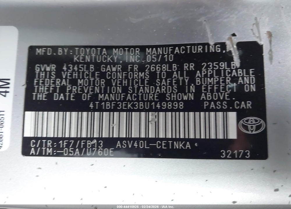 2011 TOYOTA CAMRY LE VIN: 4T1BF3EK3BU149898