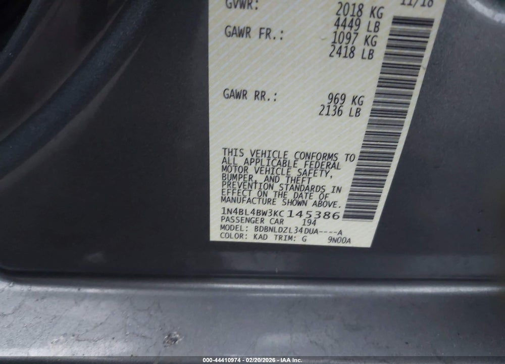 2019 NISSAN ALTIMA 2.5 S VIN: 1N4BL4BW3KC145386