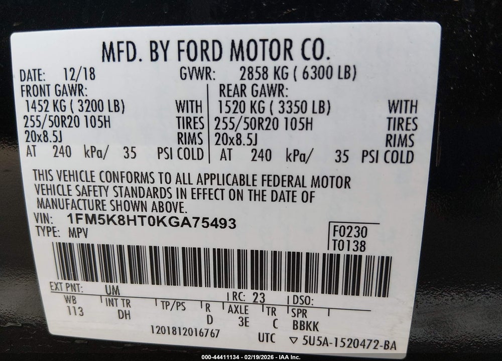 2019 FORD EXPLORER PLATINUM VIN: 1FM5K8HT0KGA75493