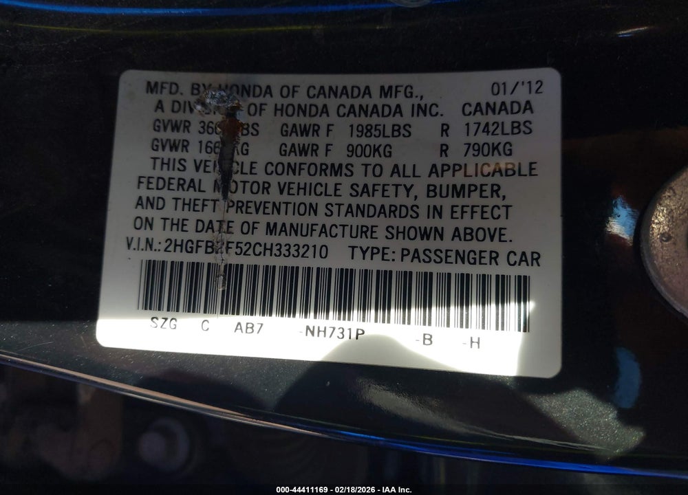 2012 HONDA CIVIC LX VIN: 2HGFB2F52CH333210