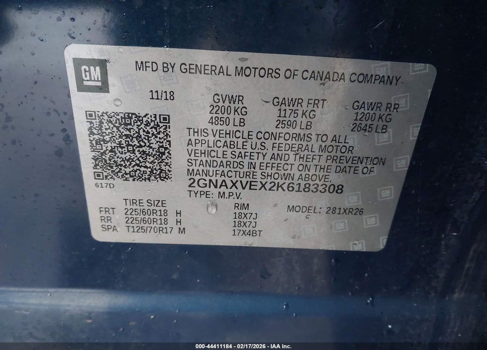 2019 CHEVROLET EQUINOX LT VIN: 2GNAXVEX2K6183308