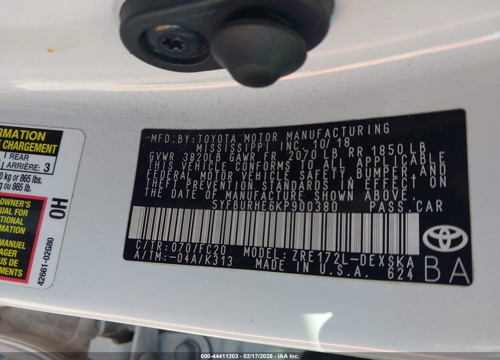 2019 TOYOTA COROLLA SE VIN: 5YFBURHE6KP900380