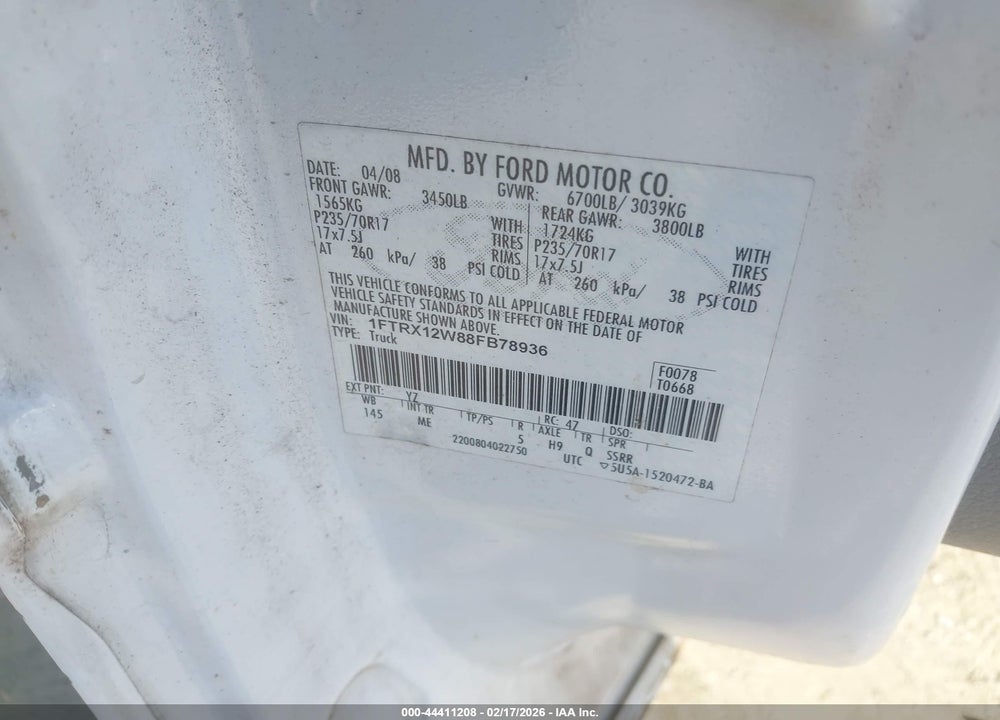 2008 FORD F-150 FX2/STX/XL/XLT VIN: 1FTRX12W88FB78936