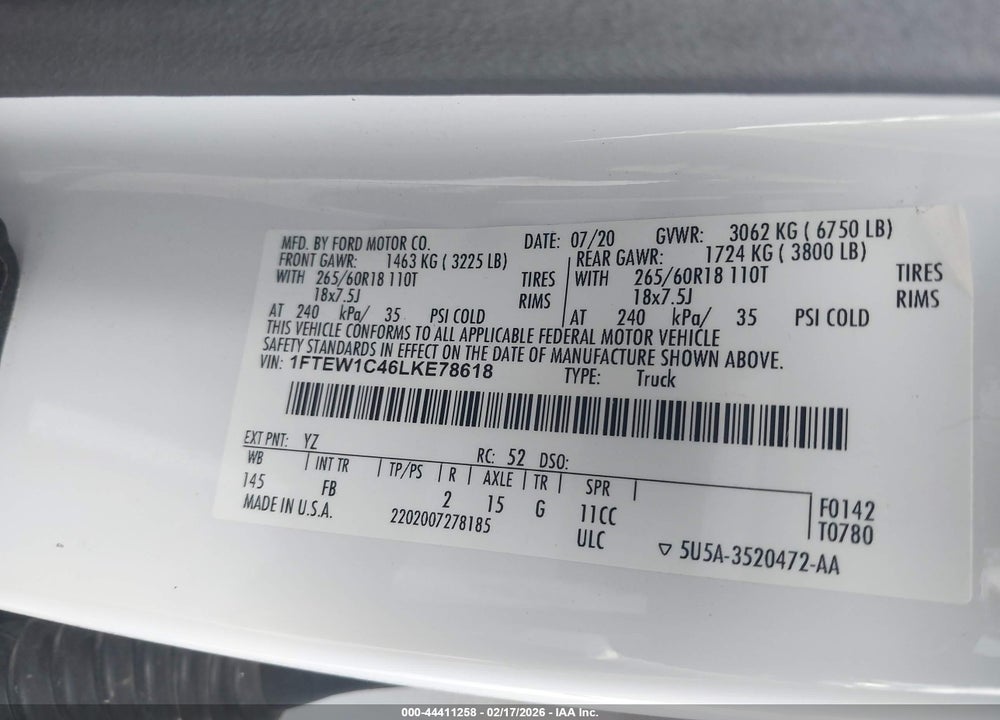 2020 FORD F-150 XLT VIN: 1FTEW1C46LKE78618