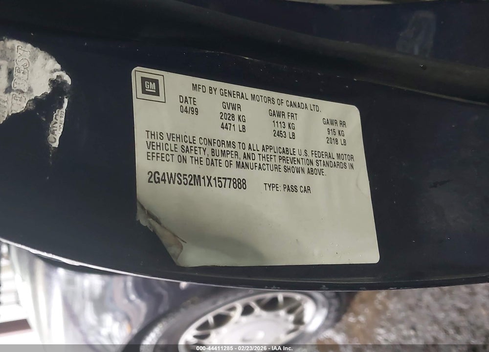 1999 BUICK CENTURY CUSTOM VIN: 2G4WS52M1X1577888