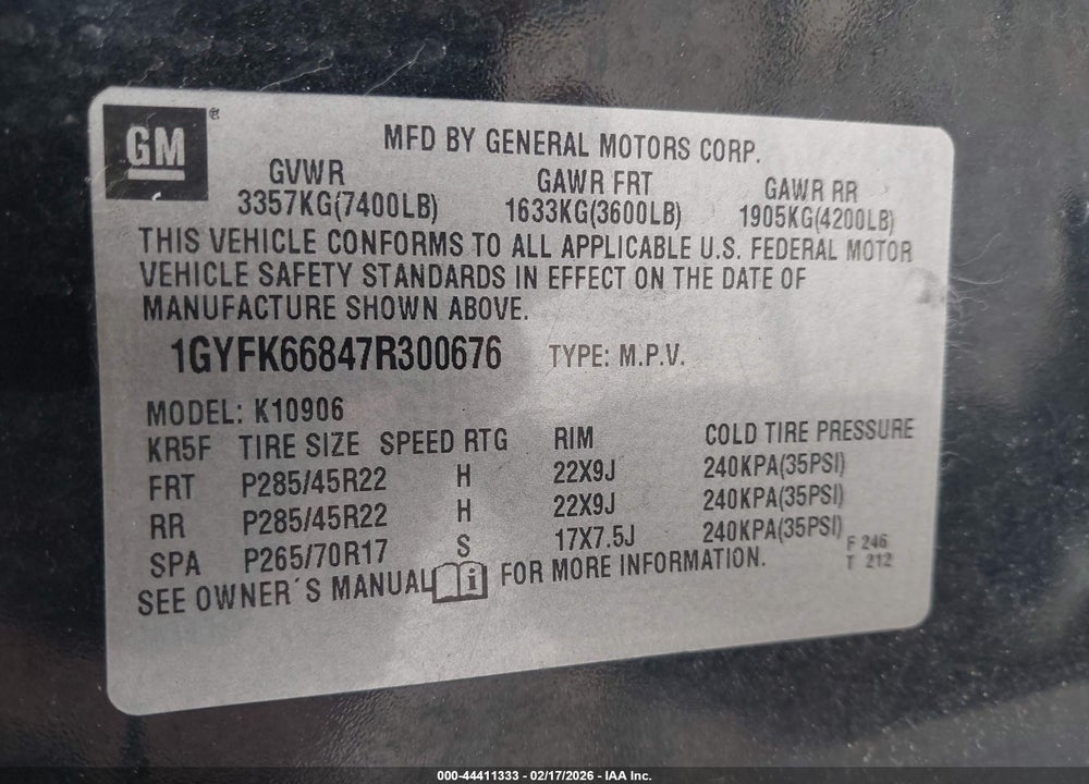 2007 CADILLAC ESCALADE ESV STANDARD VIN: 1GYFK66847R300676
