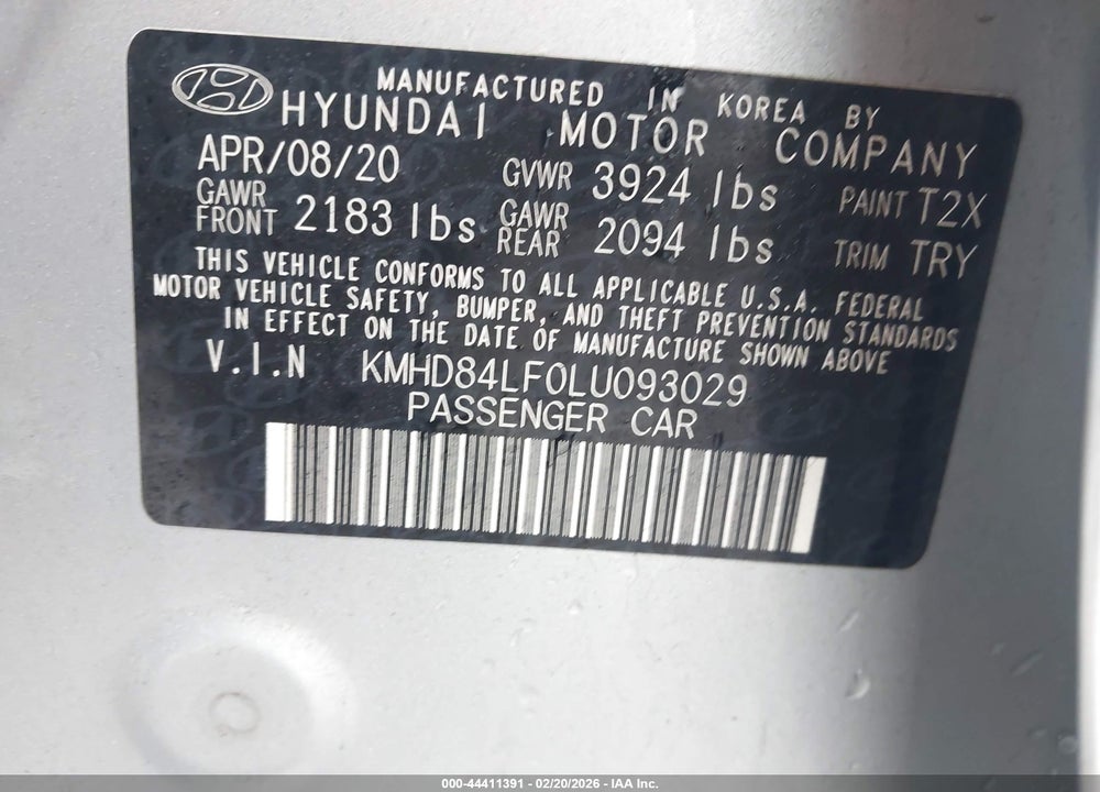 2020 HYUNDAI ELANTRA SEL VIN: KMHD84LF0LU093029