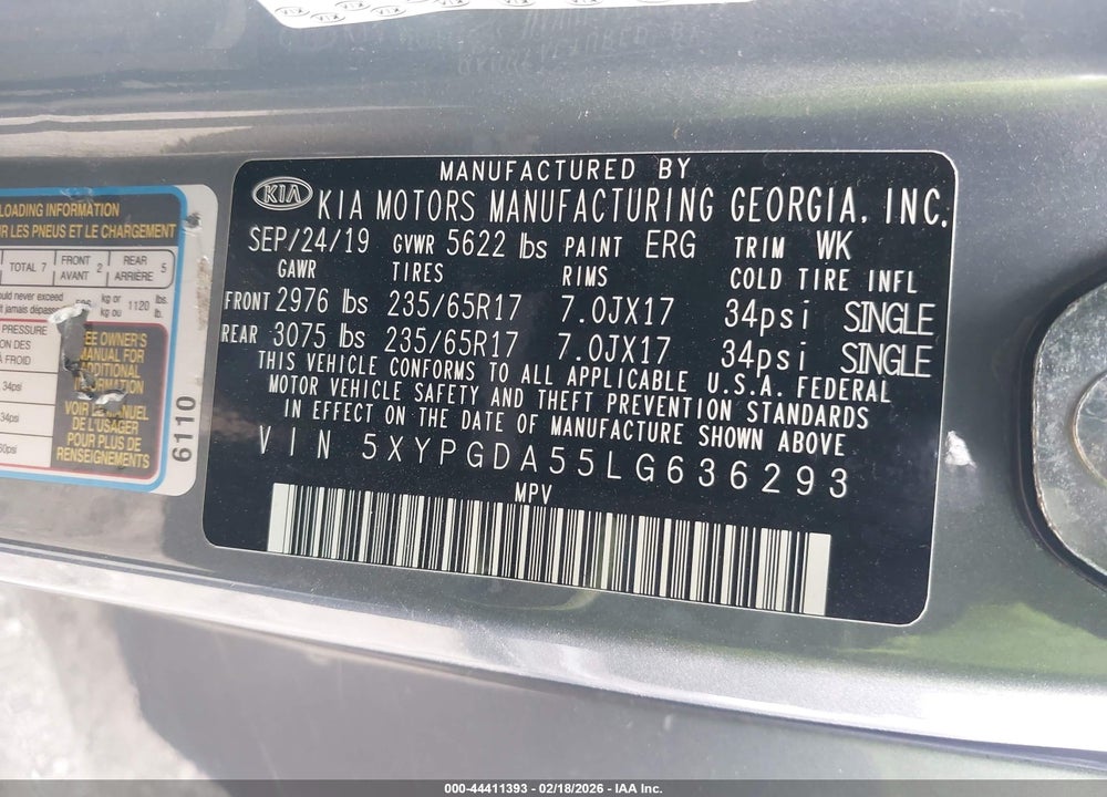 2020 KIA SORENTO 3.3L LX VIN: 5XYPGDA55LG636293