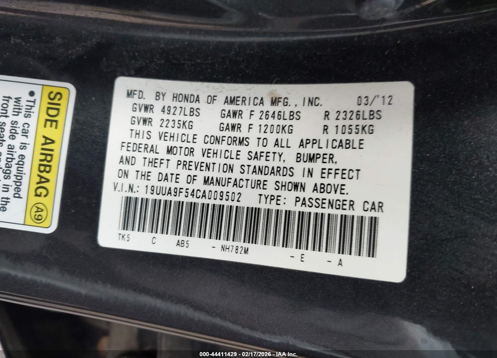 2012 ACURA TL 3.7 VIN: 19UUA9F54CA009502