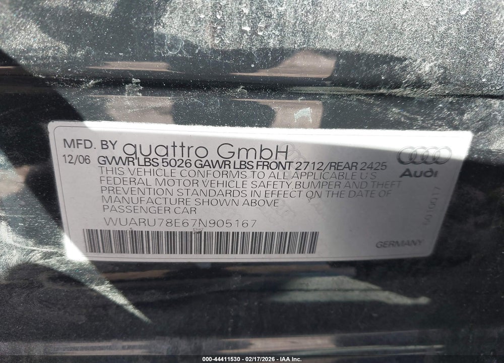 2007 AUDI RS 4 4.2L VIN: WUARU78E67N905167