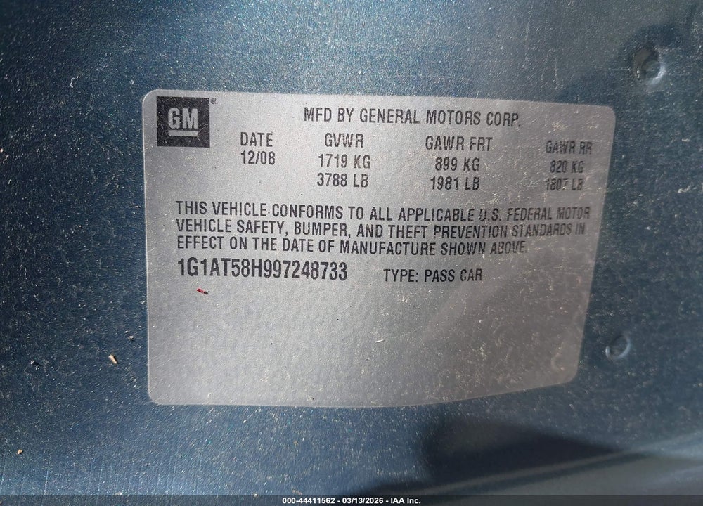 2009 CHEVROLET COBALT LT VIN: 1G1AT58H997248733