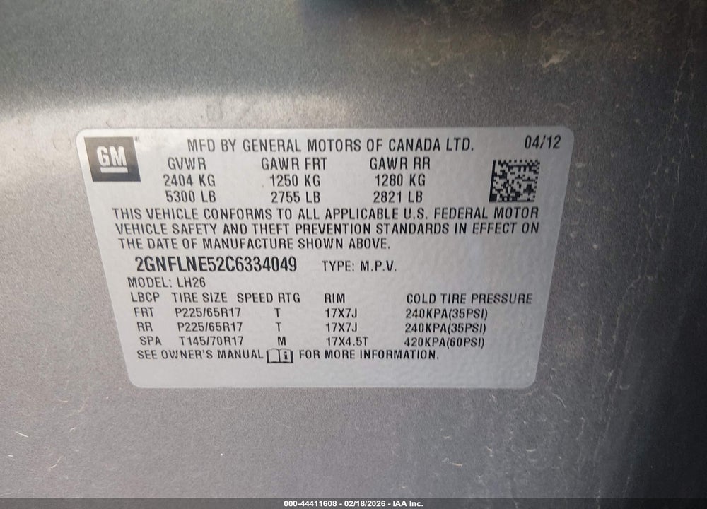2012 CHEVROLET EQUINOX 2LT VIN: 2GNFLNE52C6334049