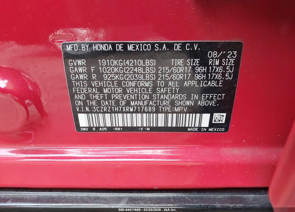 2024 HONDA HR-V 2WD EX-L/2WD EX-L W/O BSI VIN: 3CZRZ1H7XRM717689