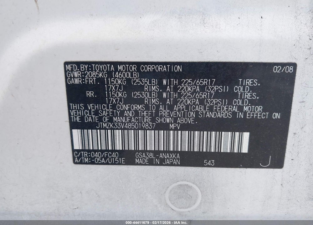 2008 TOYOTA RAV4 BASE V6 VIN: JTMZK33V485019837