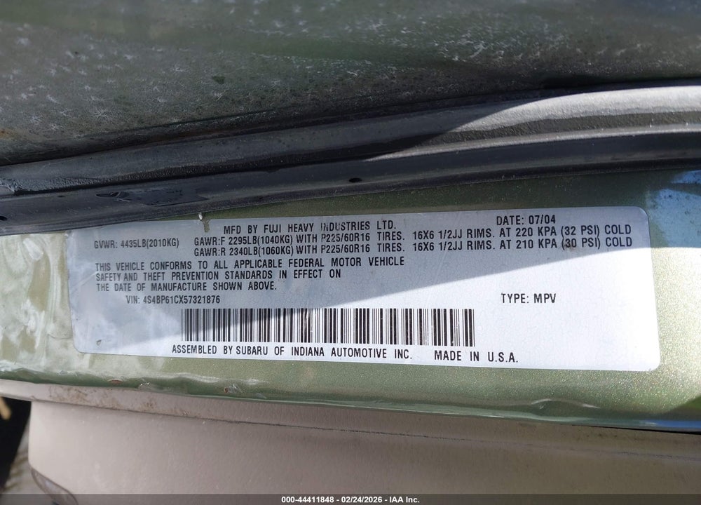 2005 SUBARU OUTBACK 2.5I VIN: 4S4BP61CX57321876