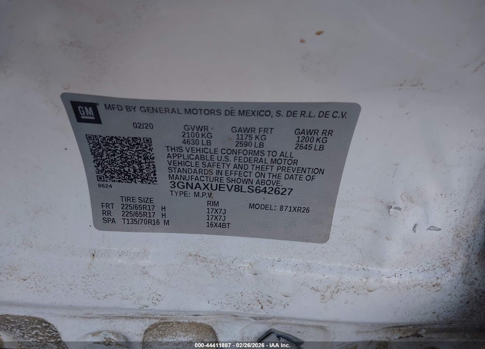 2020 CHEVROLET EQUINOX AWD LT 1.5L TURBO VIN: 3GNAXUEV8LS642627