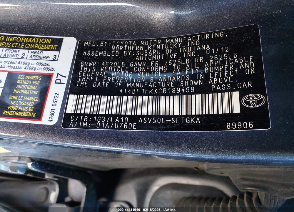 2012 TOYOTA CAMRY XLE VIN: 4T4BF1FKXCR189499