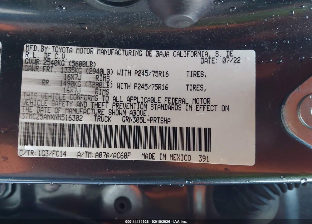 2022 TOYOTA TACOMA SR5 V6 VIN: 3TMCZ5ANXNM516302