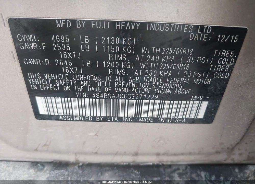 2016 SUBARU OUTBACK 2.5I LIMITED VIN: 4S4BSAJC6G3271229