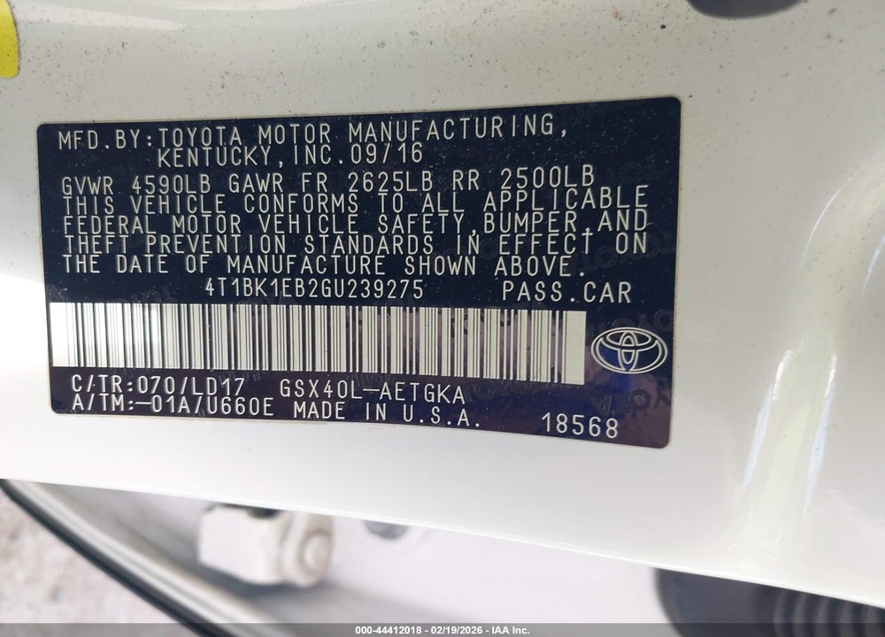 2016 TOYOTA AVALON XLE VIN: 4T1BK1EB2GU239275