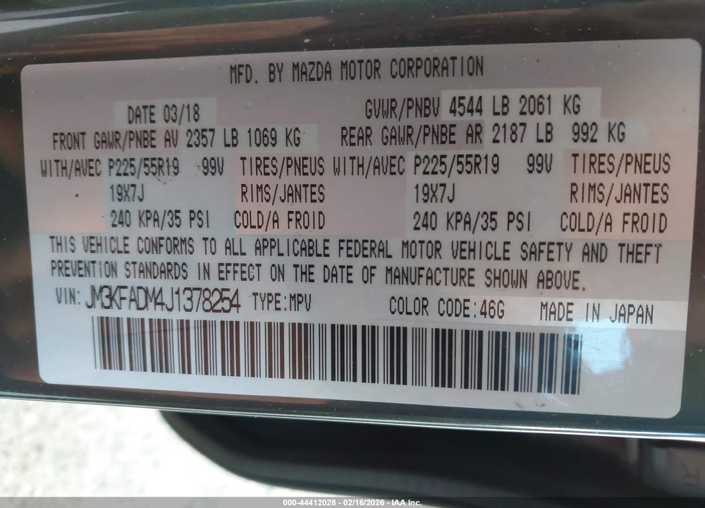 2018 MAZDA CX-5 GRAND TOURING VIN: JM3KFADM4J1378254