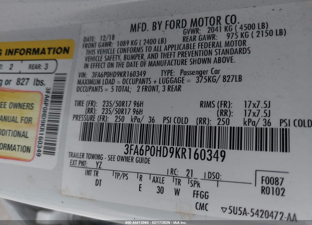2019 FORD FUSION SE VIN: 3FA6P0HD9KR160349