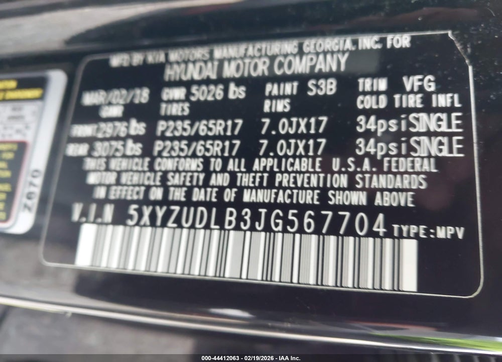 2018 HYUNDAI SANTA FE SPORT 2.4L VIN: 5XYZUDLB3JG567704